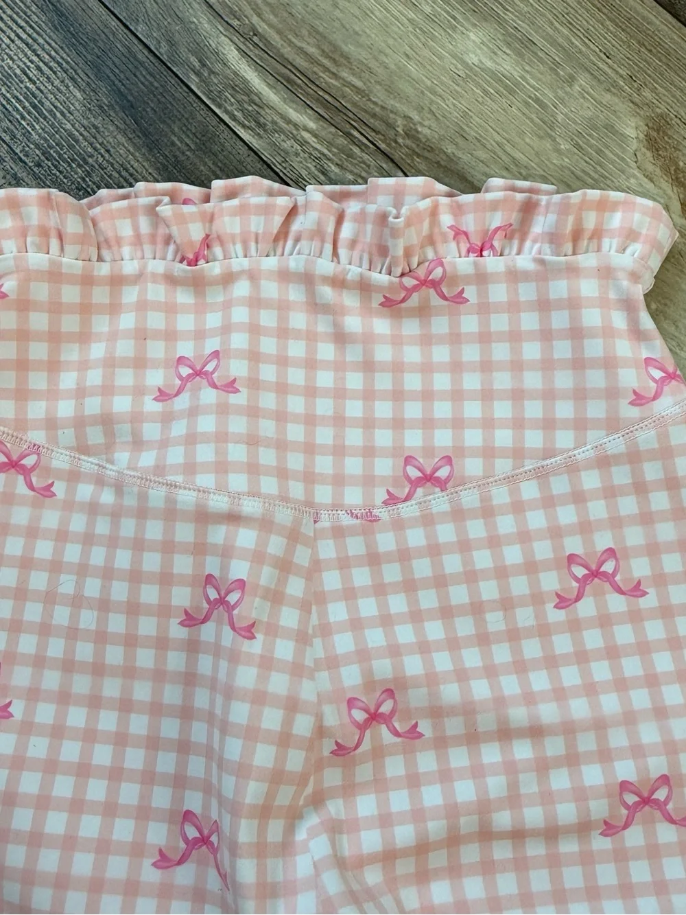 Gingham Bow Print Leggings with Ruffle Waist